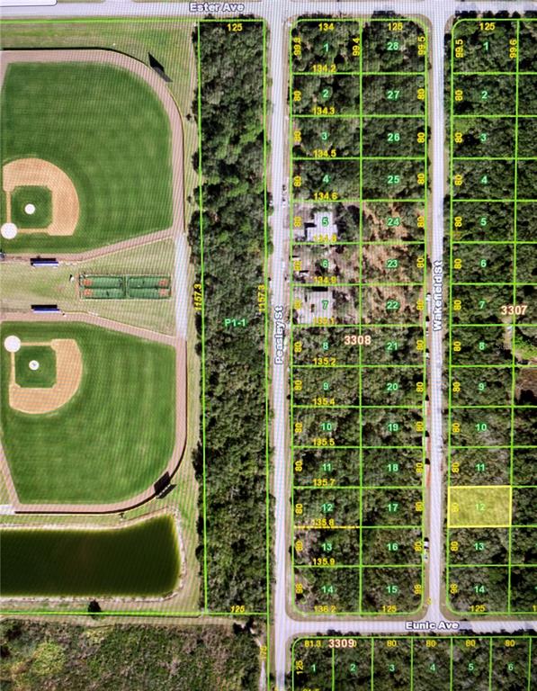 This is a property map showing residential lots, streets, and a nearby baseball field — 2228 WAKEFIELD STREET, PORT CHARLOTTE, FL