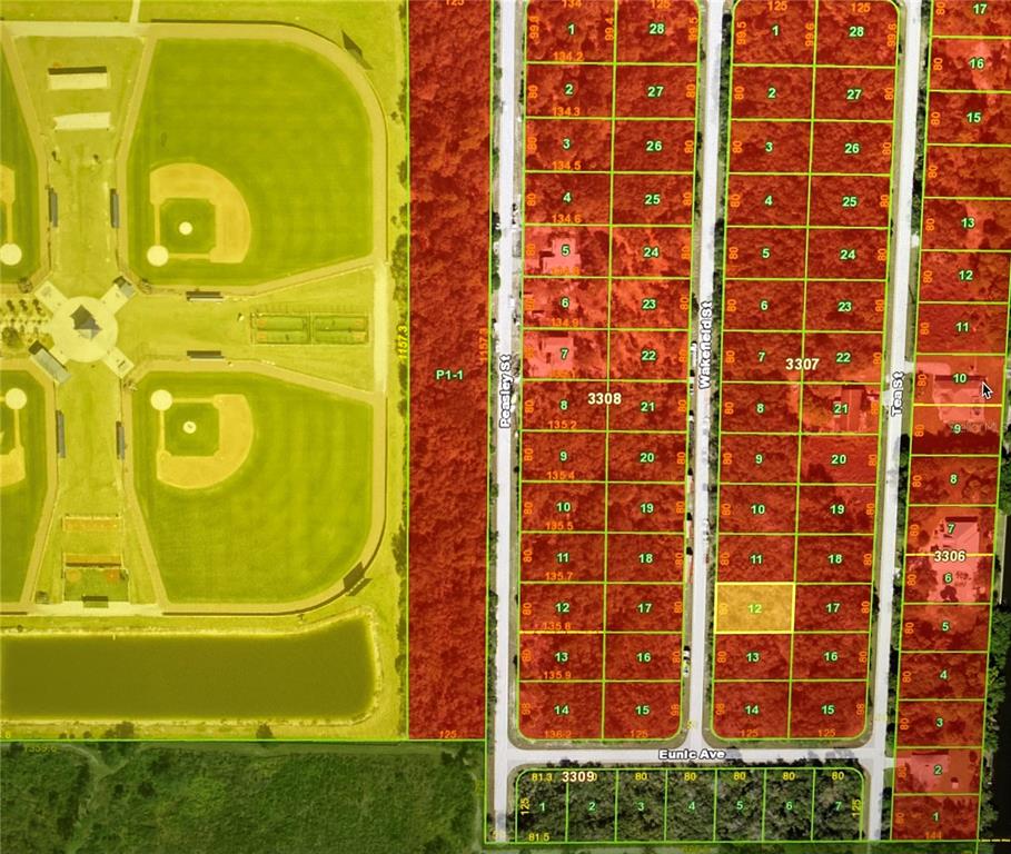 This is a satellite map showing residential lots, streets, and a nearby park — 2228 WAKEFIELD STREET, PORT CHARLOTTE, FL