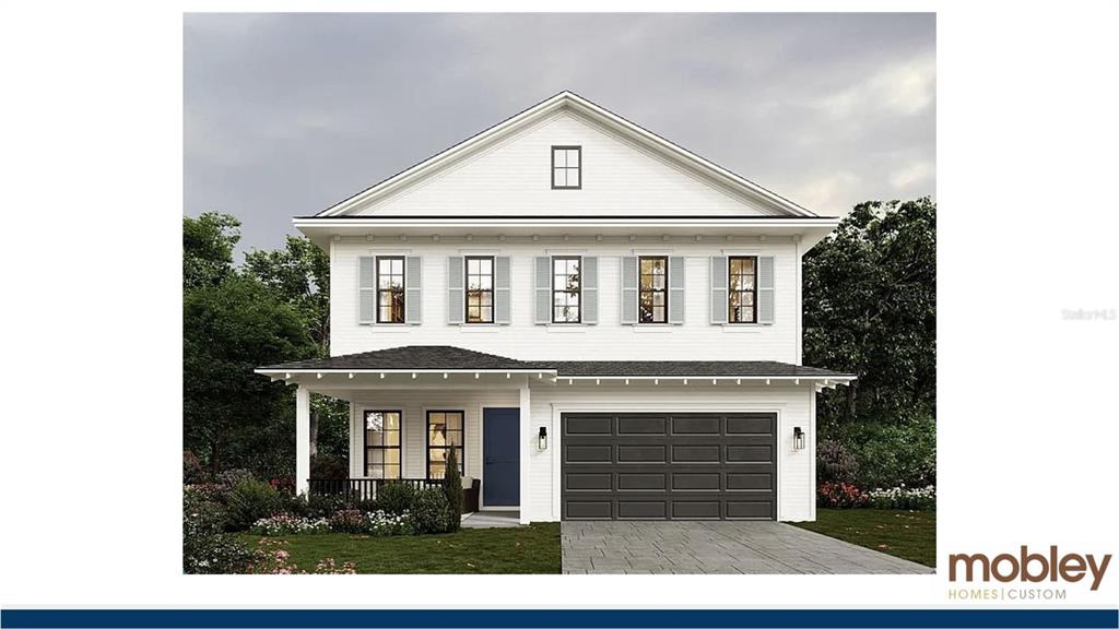 This architectural rendering shows a two-story white house with a front porch and garage — 905 W PLYMOUTH STREET, TAMPA, FL