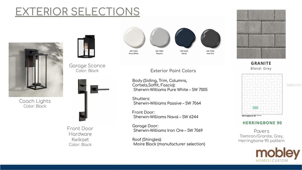 This exterior design board displays paint colors, lighting fixtures, hardware, and paver selections — 905 W PLYMOUTH STREET, TAMPA, FL