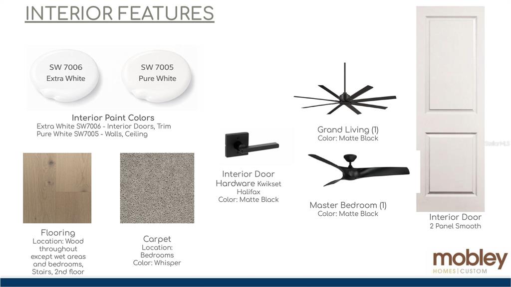 This interior design board displays paint colors, flooring, hardware, fans, and door styles — 905 W PLYMOUTH STREET, TAMPA, FL