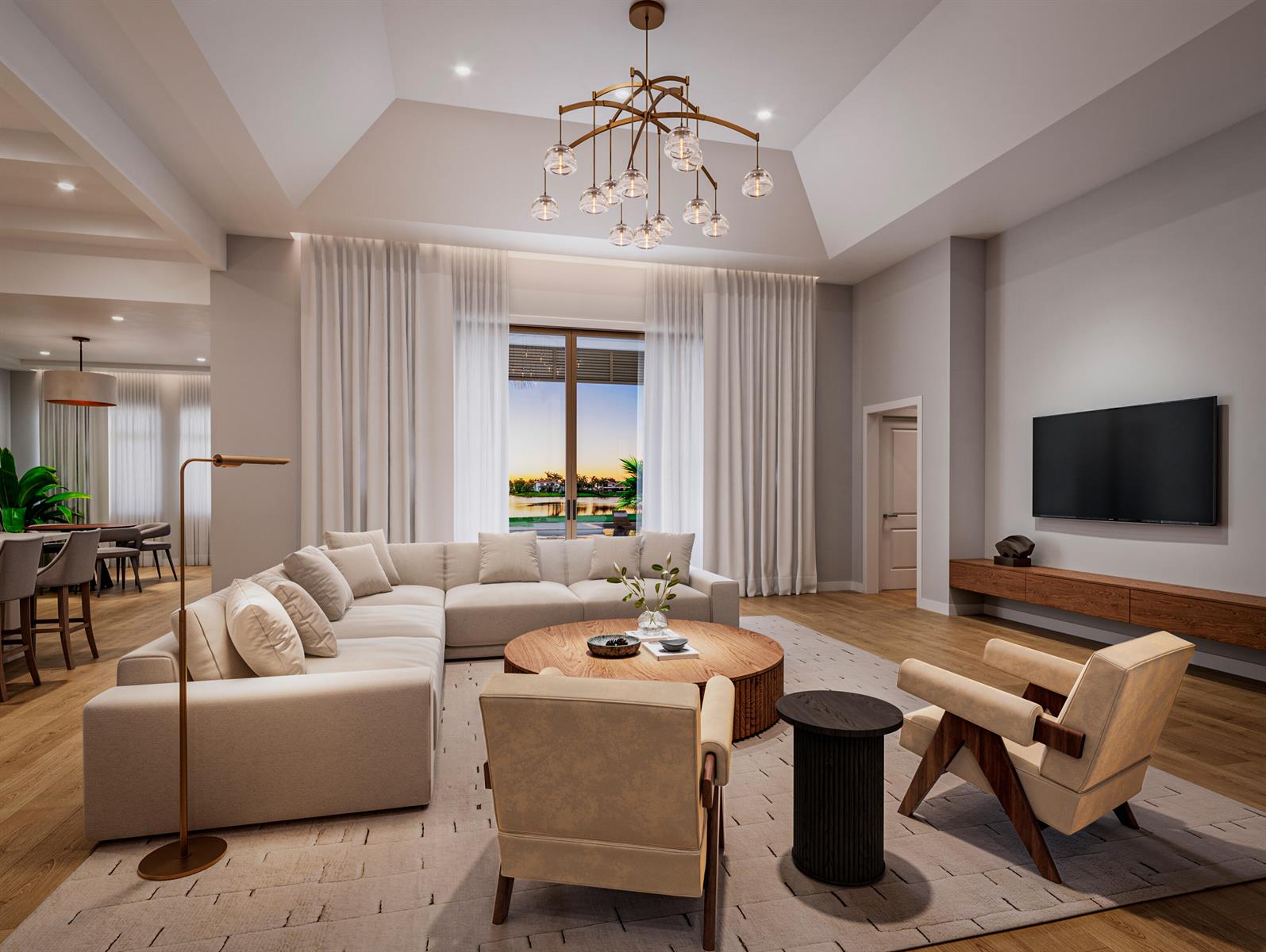 This rendering shows a modern living room with a sectional sofa, chandelier, and lake view — 4915 King Palm Circle, Boynton Beach FL 33436, BOYNTON BEACH, FL