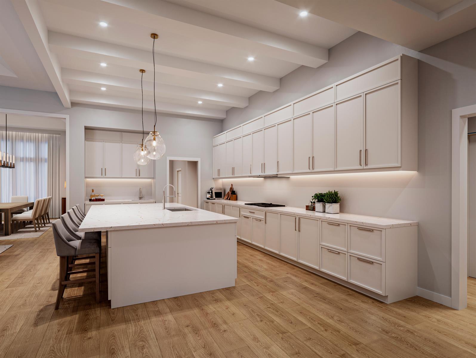This is a rendering of a modern kitchen with white cabinetry, a large island, and wood flooring — 4915 King Palm Circle, Boynton Beach FL 33436, BOYNTON BEACH, FL