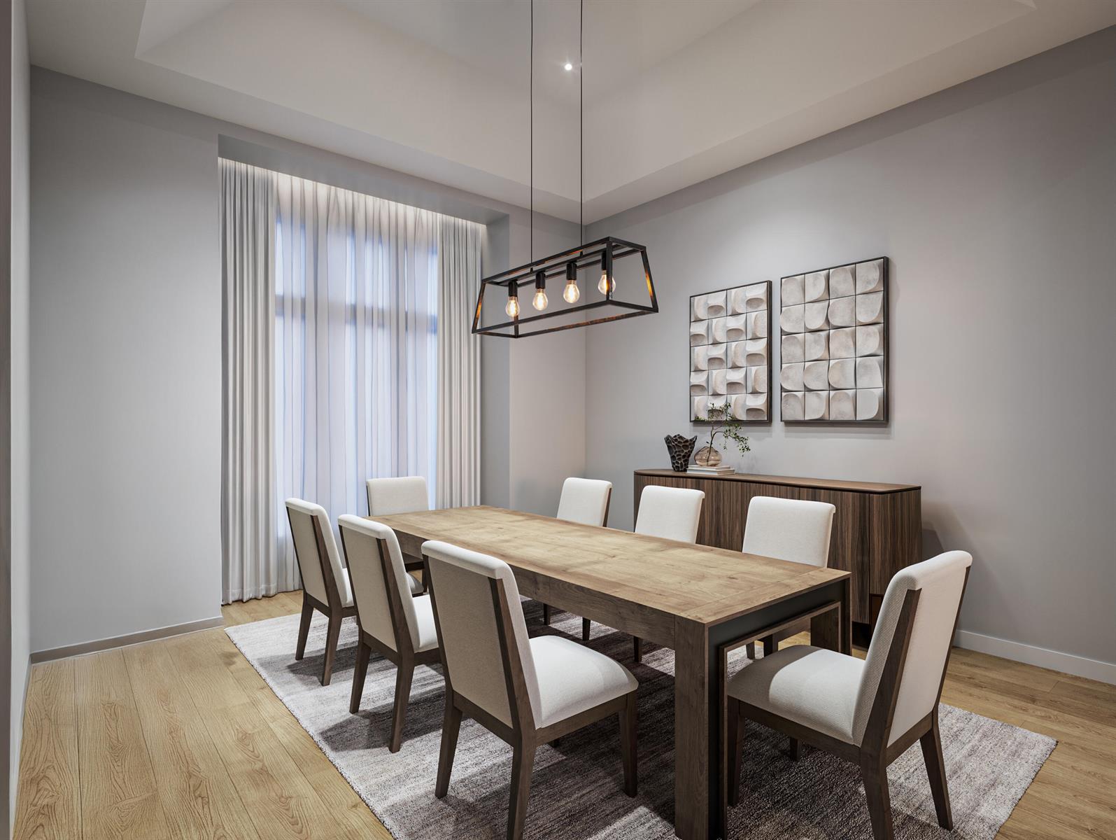 This dining room features a wooden table, eight upholstered chairs, a sideboard, and pendant lighting — 4915 King Palm Circle, Boynton Beach FL 33436, BOYNTON BEACH, FL