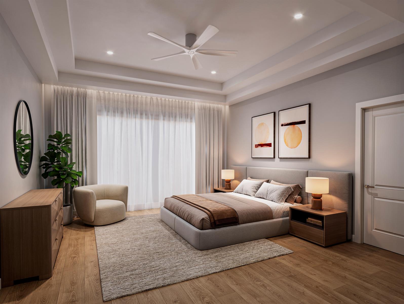 A rendering of a modern bedroom featuring a bed, nightstands, a chair, and a dresser — 4915 King Palm Circle, Boynton Beach FL 33436, BOYNTON BEACH, FL