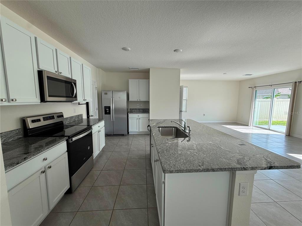 A kitchen features white cabinets, granite countertops, stainless steel appliances, and a large center island — 2763 COMMON FIG RUN, WESLEY CHAPEL, FL