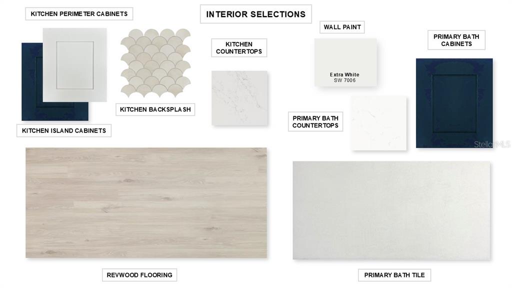 This interior design sample board displays cabinet, countertop, flooring, tile, and paint color selections — 4397 SOUTHERN VALLEY LOOP, BROOKSVILLE, FL