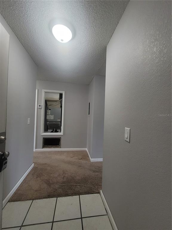 A hallway with tile flooring transitions to carpet, featuring a view of an HVAC unit — 9900 SWEEPSTAKES LANE UNIT 3, ORLANDO, FL
