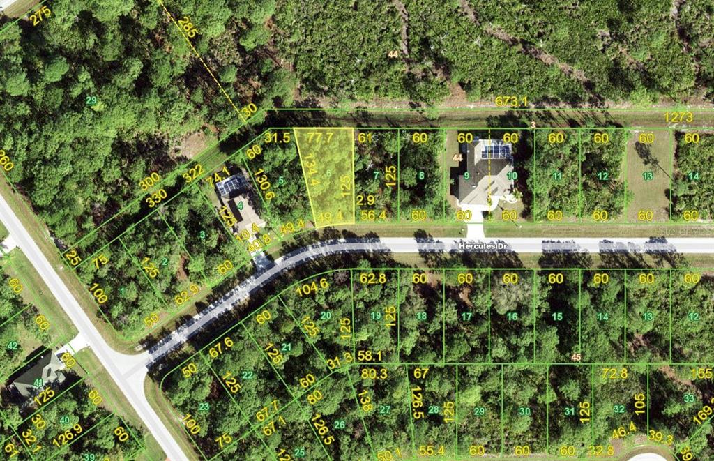 This is an aerial map showing property lot lines and parcel numbers in a wooded area — 110 HERCULES DRIVE, ROTONDA WEST, FL