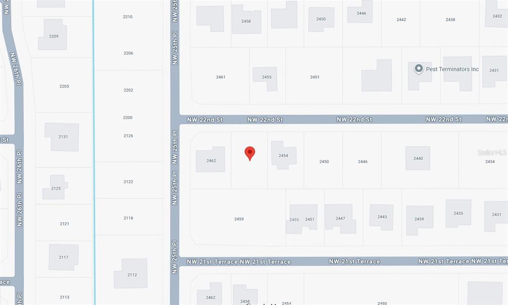 This is a map showing residential street layouts and property locations — 2458 NW 22ND STREET, CAPE CORAL, FL