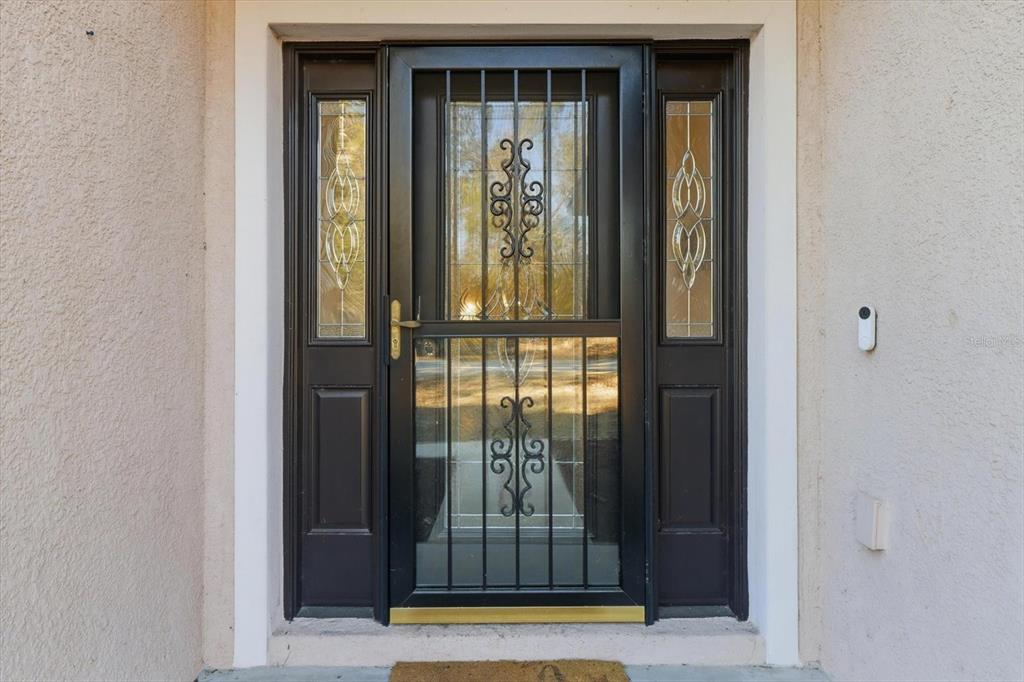 A dark brown front door with a decorative security screen and side glass panels — 21 LOBELIA COURT, HOMOSASSA, FL