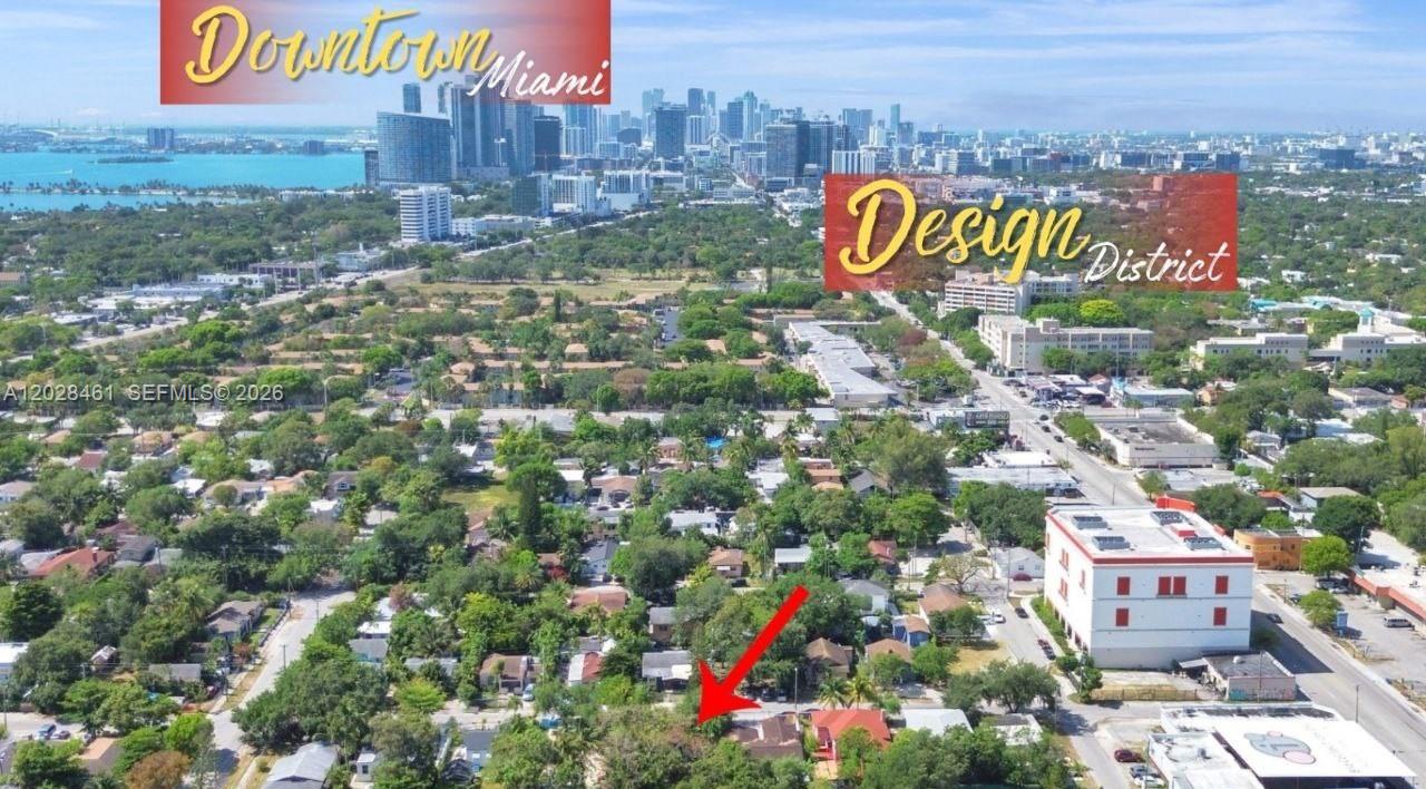 An aerial view shows a residential neighborhood with a red arrow pointing to a house — 259 NE 57th St, Miami FL 33137, MIAMI, FL