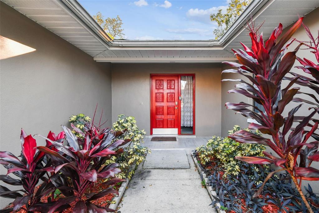 A concrete walkway leads to a bright red front door framed by lush tropical landscaping — 5005 PURITAN ROAD, TAMPA, FL