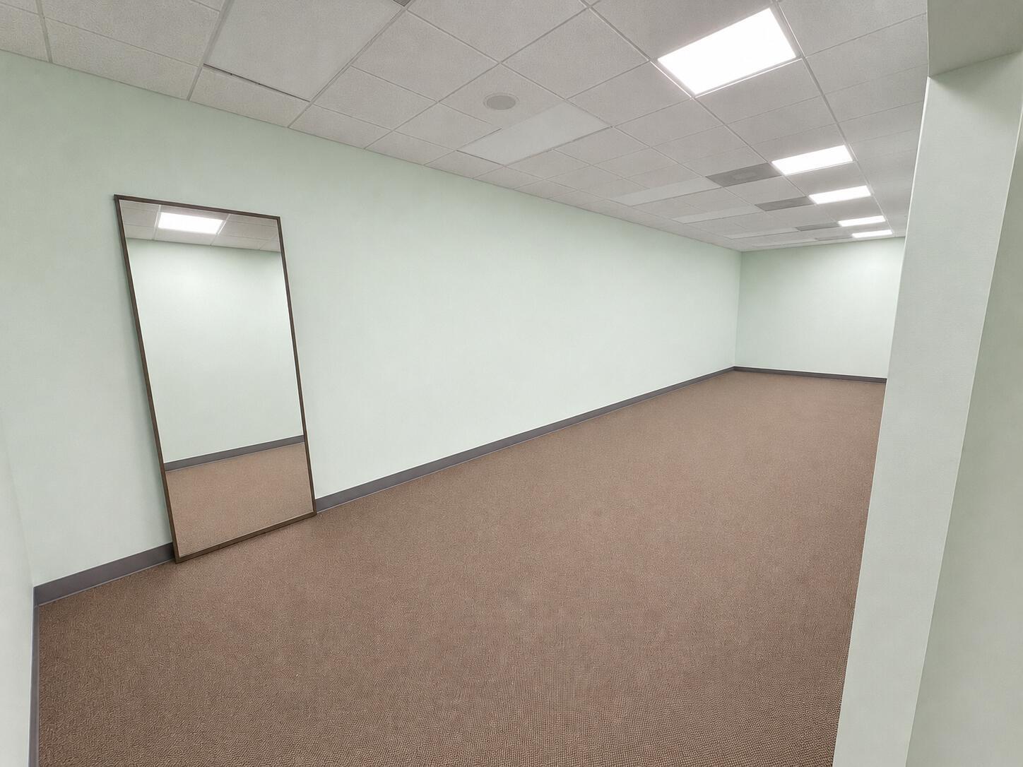 An empty room with light green walls, brown carpet, a drop ceiling, and a floor mirror — 5055 S Congress Avenue # 301, Atlantis FL 33461, ATLANTIS, FL