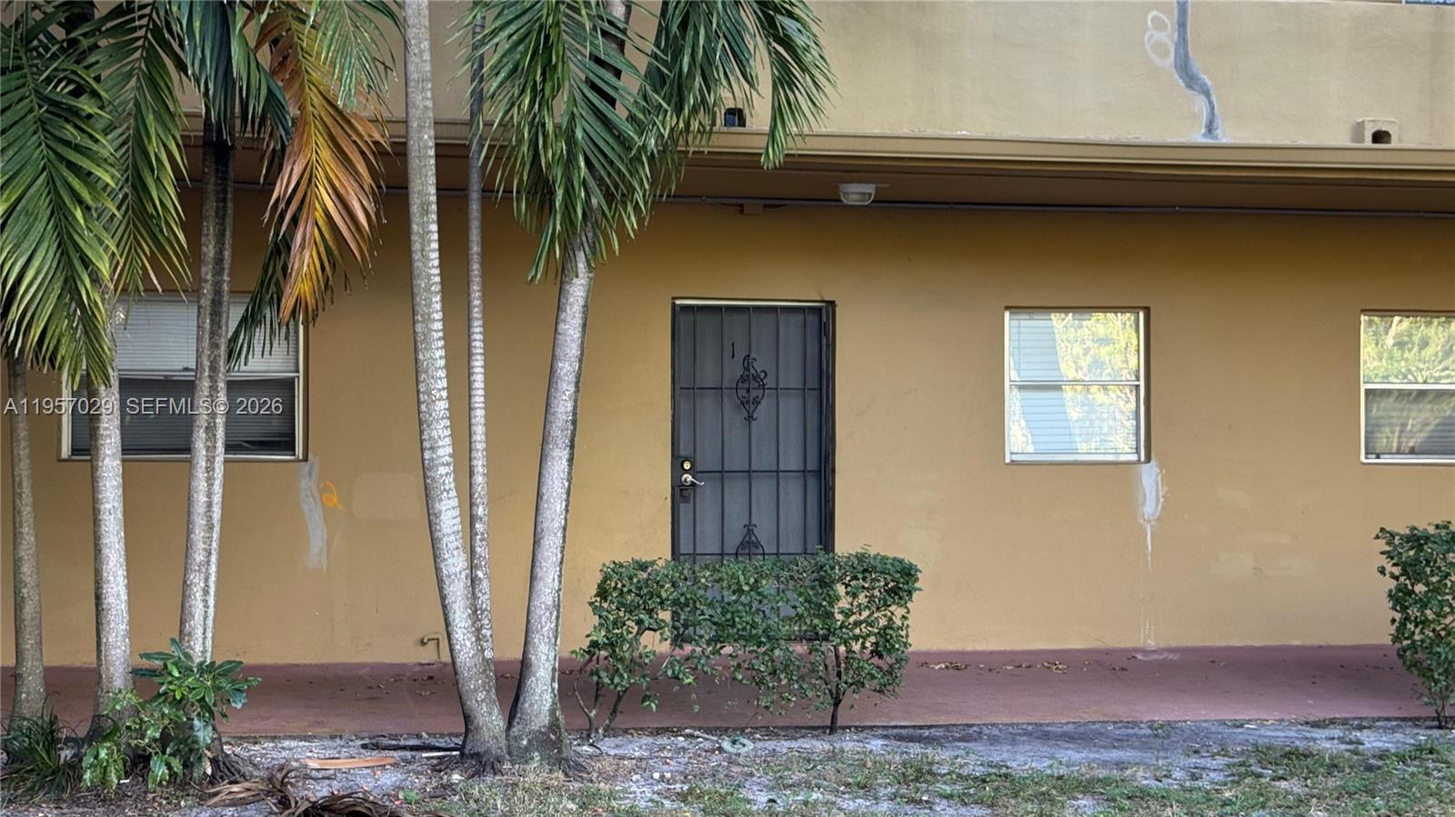 The exterior of a tan building features a metal security door and palm trees — 4111 Stirling Rd # 102, Dania Beach FL 33314, DANIA BEACH, FL