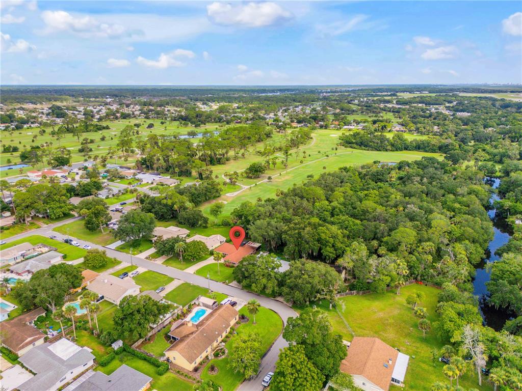 An aerial view shows a single-story house with a red roof marked by a location pin — 725 GREEN ROAD, NEW SMYRNA BEACH, FL