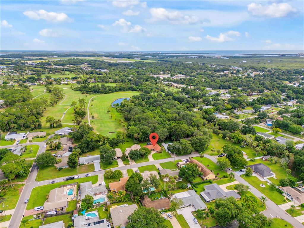 An aerial view shows a residential neighborhood with a red location pin over a house — 725 GREEN ROAD, NEW SMYRNA BEACH, FL