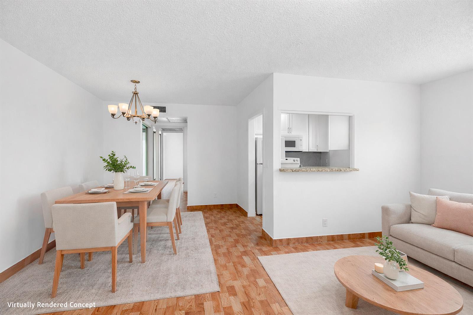 This virtually rendered concept shows a dining area and living room with wood parquet flooring — 346 Windsor O, West Palm Beach FL 33417, WEST PALM BEACH, FL