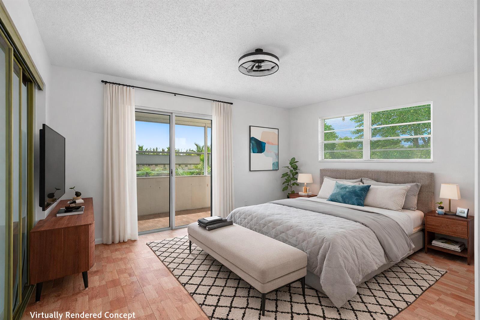 This virtually rendered bedroom features a bed, bench, television, and sliding doors to a balcony — 346 Windsor O, West Palm Beach FL 33417, WEST PALM BEACH, FL