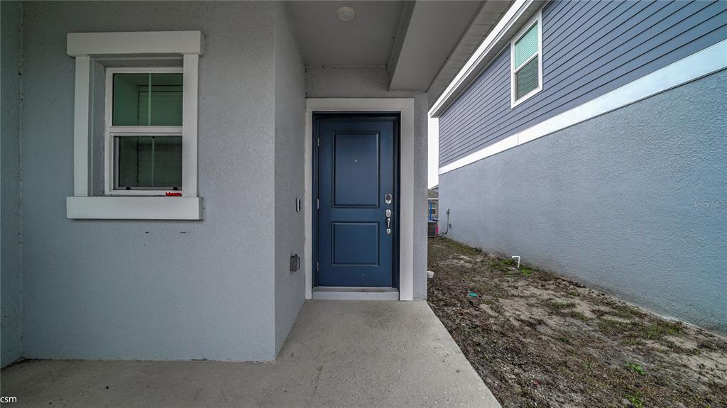 A gray exterior entryway features a blue door, a window, and a side yard — 1760 WHITE WATER COURT, DAVENPORT, FL