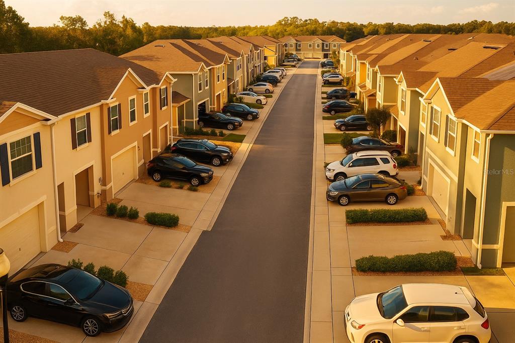 An aerial view shows a residential street lined with townhouses and parked cars — 1288 YELLOW FINCH DRIVE, DAVENPORT, FL