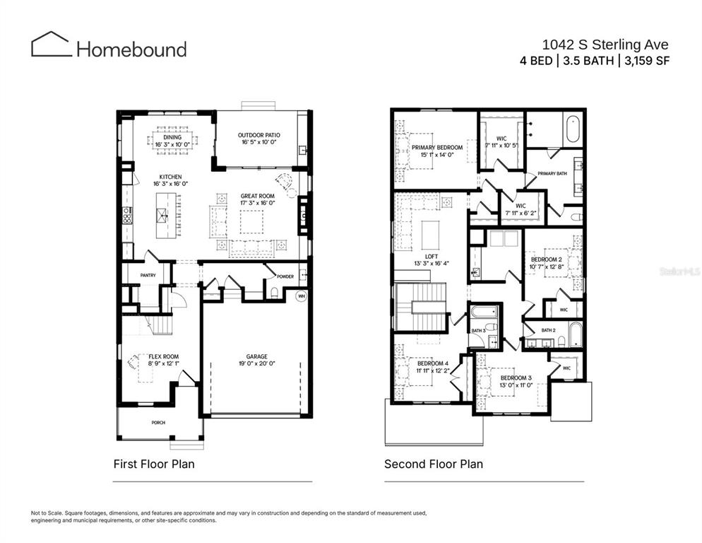 This floor plan shows the layout of a two-story house with four bedrooms and 3.5 bathrooms — 1042 S STERLING AVENUE, TAMPA, FL