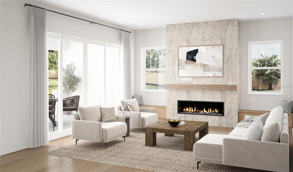 This rendering shows a modern living room with a stone fireplace, neutral furniture, and patio access — 1042 S STERLING AVENUE, TAMPA, FL