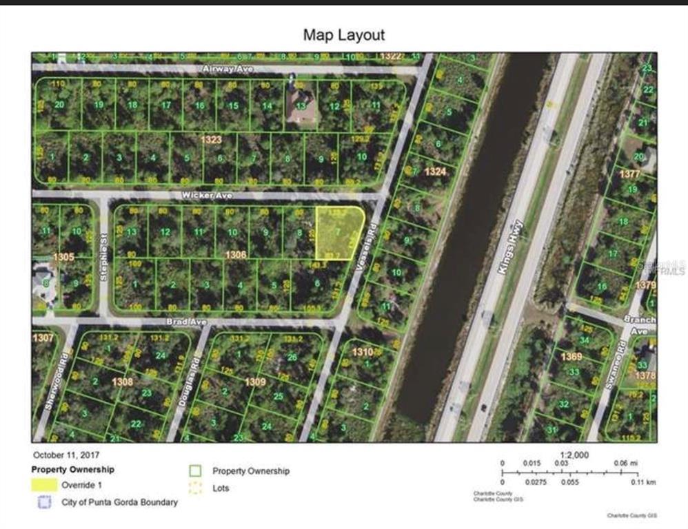This map layout shows property lot lines and street names in a residential area — 23333 WICKER AVENUE, PUNTA GORDA, FL
