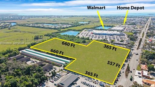 An aerial map shows a vacant, L-shaped plot of land outlined in yellow near commercial buildings — 1905 S. PARROTT AVE., Okeechobee FL 34974, OKEECHOBEE, FL