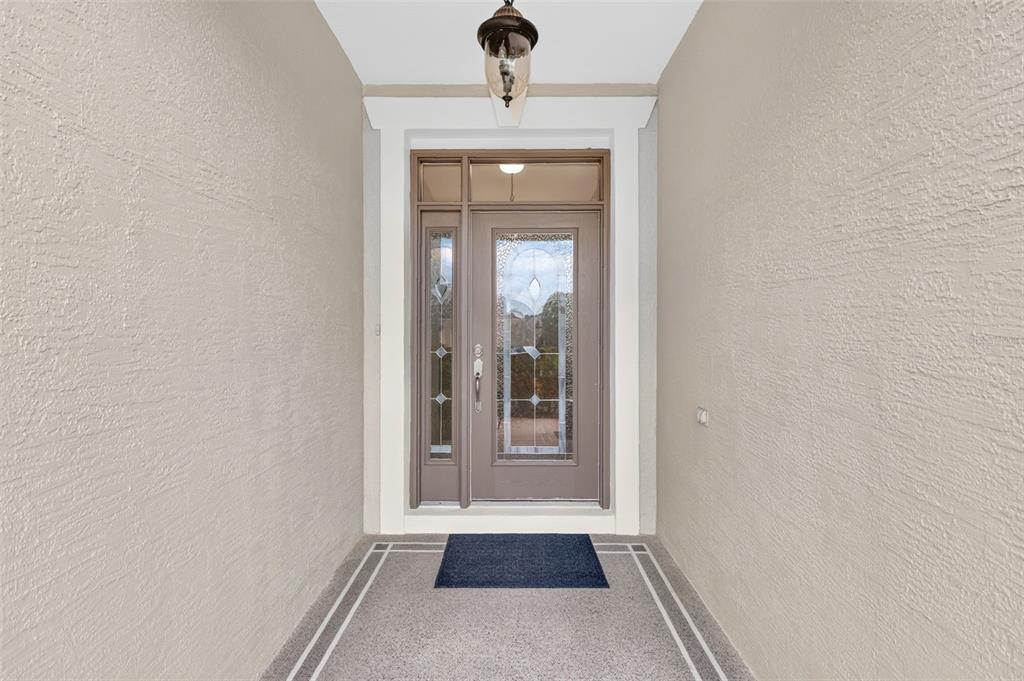 A front entryway features a gray door with glass panels, a transom window, and stucco walls — 2693 IRIS WAY, THE VILLAGES, FL