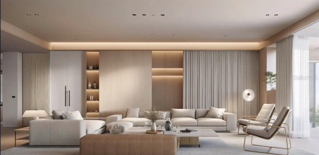 This is a rendering of a modern living room featuring neutral tones and recessed lighting — LOT 10-A DORADO BCH. PLANTATION, DORADO, PR