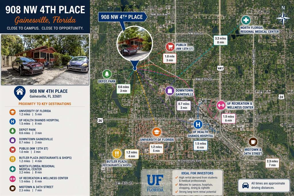 This image is a map showing the location of a property relative to local landmarks — 908 NW 4TH PLACE, GAINESVILLE, FL
