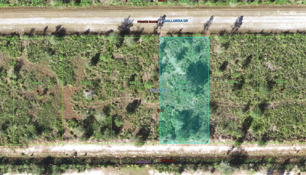 An aerial map view shows a rectangular parcel of land highlighted in blue — 515 GAILLARDIA DRIVE, INDIAN LAKE ESTATES, FL