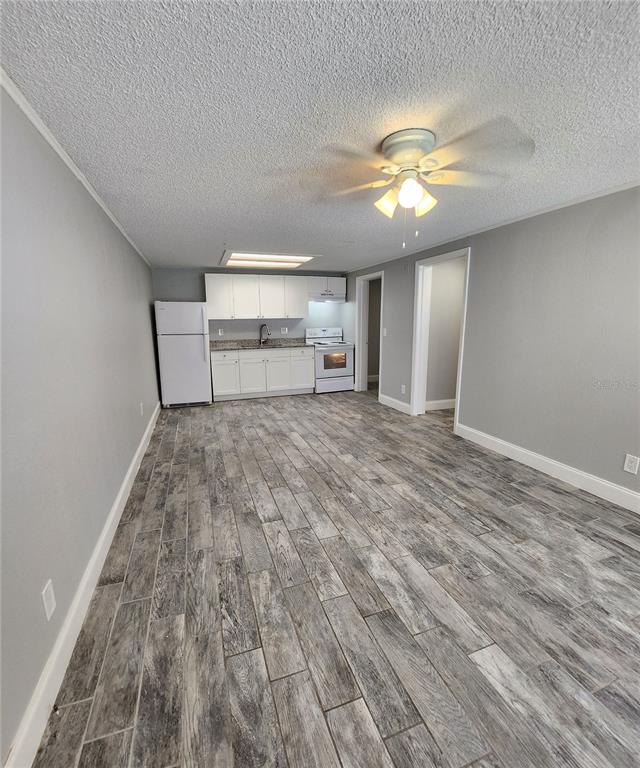 A kitchen and living area with gray walls, wood-look tile flooring, and white cabinetry — 1400 STRAWBERRY PLACE UNIT 19, PLANT CITY, FL