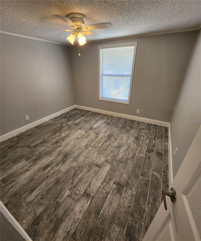A bedroom features gray walls, a ceiling fan, and wood-look tile flooring — 1400 STRAWBERRY PLACE UNIT 19, PLANT CITY, FL