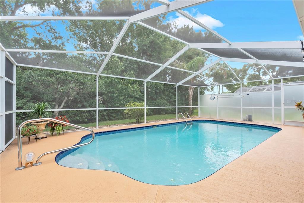 A swimming pool with a metal handrail is enclosed by a screened-in lanai — 8388 OMAHA CIRCLE, SPRING HILL, FL