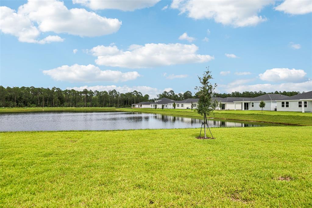 A grassy lawn overlooks a pond with houses in the background under a blue sky — 8 WANDERING CREEK WAY, PALM COAST, FL