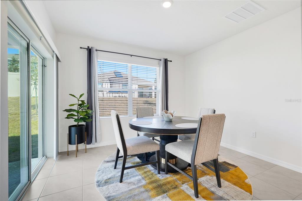 A dining area features a round table with four chairs on a patterned circular rug — 11400 AMBER RIDGE DRIVE, ZELLWOOD, FL