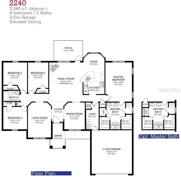 This floor plan shows a four-bedroom, two-bathroom house with a two-car garage and patio — 12126 PINE WARBLER AVENUE, BROOKSVILLE, FL
