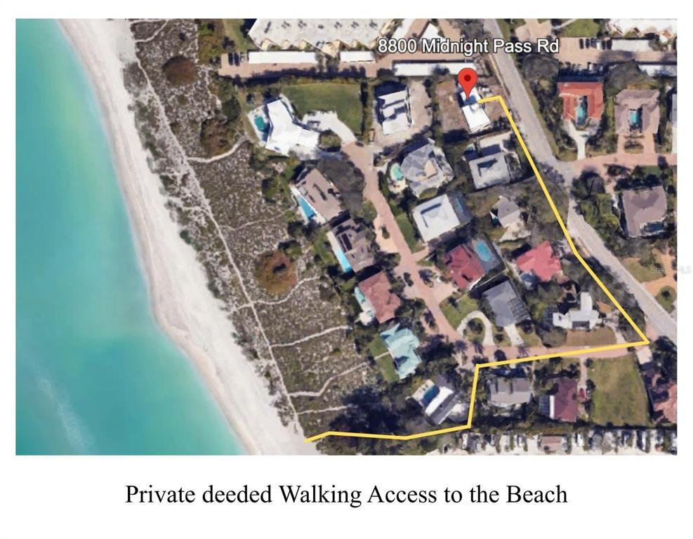 An aerial map shows a residential property with a highlighted path to the beach — 8800 MIDNIGHT PASS ROAD, SARASOTA, FL