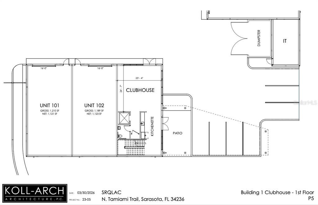 This is a floor plan for the first floor of a clubhouse building — 7045 N TAMIAMI TRAIL UNIT 102, SARASOTA, FL