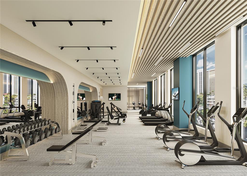 This is a rendering of a modern gym featuring weight racks, treadmills, and elliptical machines — 555 QUAY CMNS UNIT 1103, SARASOTA, FL
