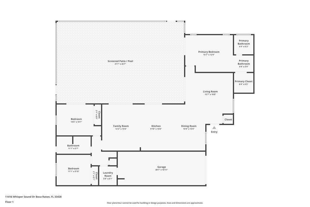 This is a floor plan of a single-story house with a pool and garage — BOCA RATON, FL