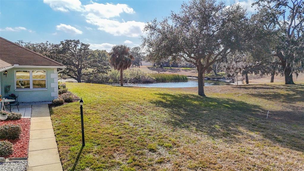 A view of a grassy backyard with a small pond and mature trees behind a house — 11431 DOLLAR LAKE DRIVE UNIT 1, PORT RICHEY, FL