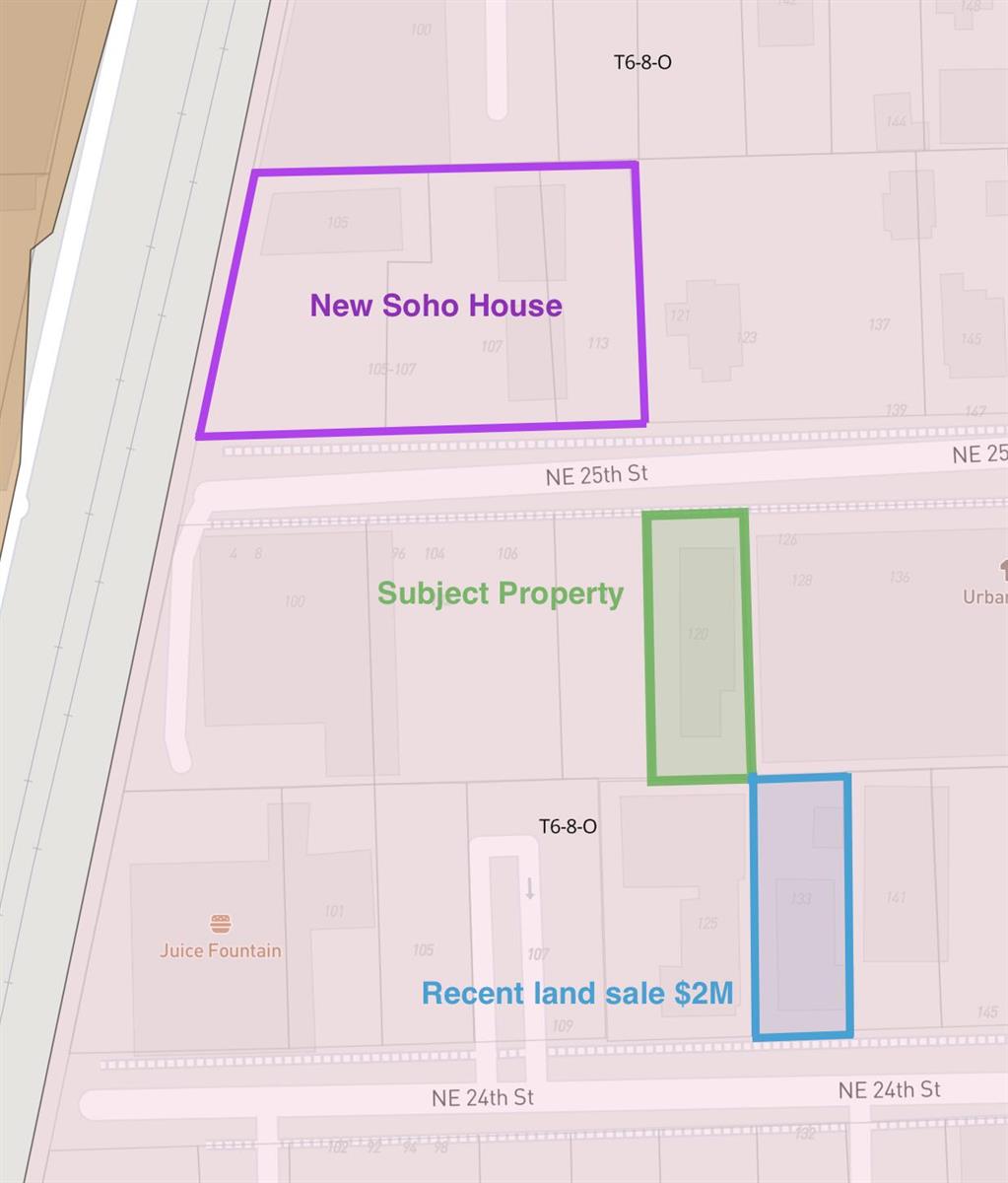 This map displays property locations, including a subject property, a recent land sale, and Soho House — 120 NE 25th Street, Miami FL 33137, MIAMI, FL
