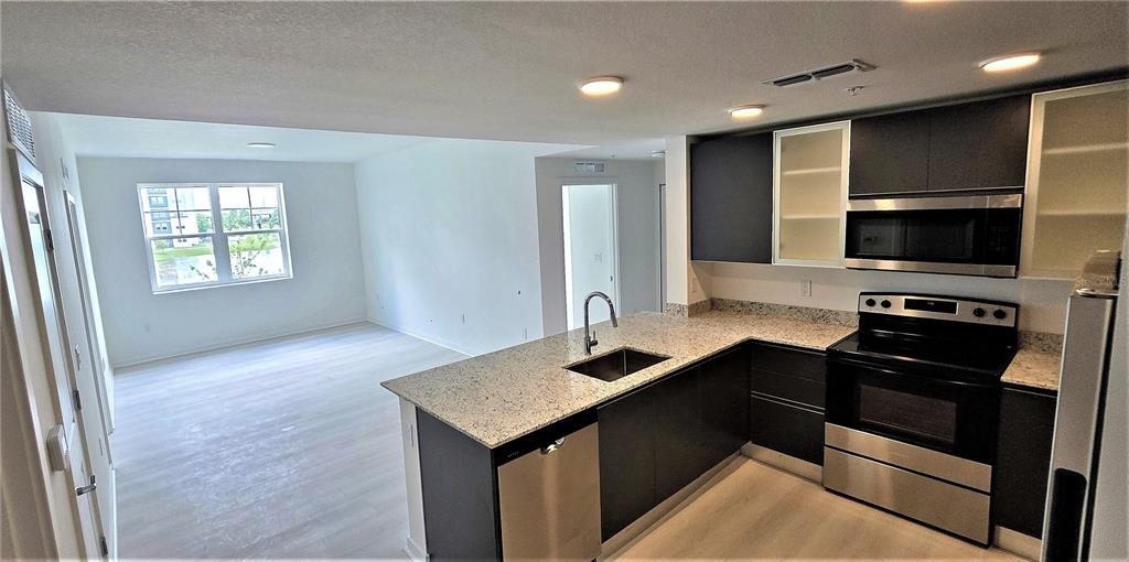 A kitchen with dark cabinets and granite countertops overlooks an open-concept living area — 5579 MILLENIA PARK BOULEVARD UNIT 211, ORLANDO, FL