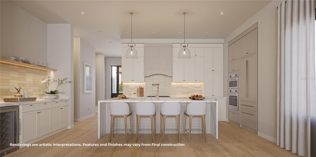 This rendering shows a modern kitchen with a central island, white cabinetry, and light wood floors — 2525 LAFAYETTE AVENUE, WINTER PARK, FL
