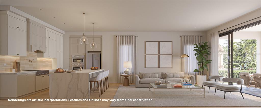 This rendering shows an open-concept kitchen and living area with neutral tones and modern furniture — 2525 LAFAYETTE AVENUE, WINTER PARK, FL