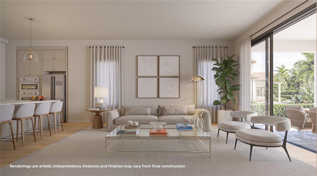 This rendering shows a modern living room with a sofa, armchairs, and an open kitchen — 2525 LAFAYETTE AVENUE, WINTER PARK, FL