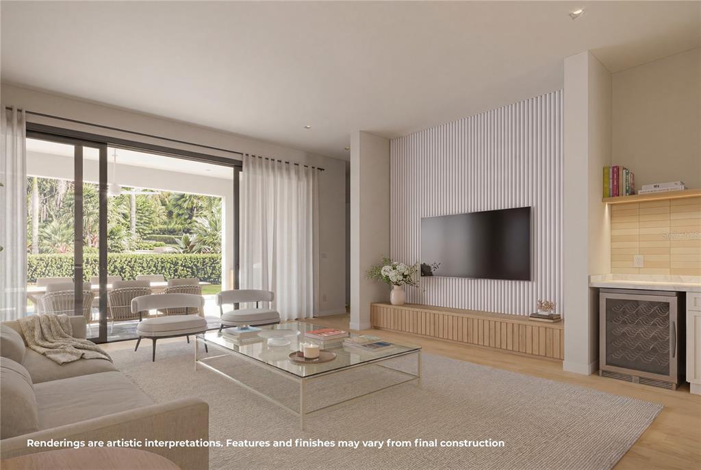 This rendering shows a modern living room with a slatted accent wall and patio access — 2525 LAFAYETTE AVENUE, WINTER PARK, FL